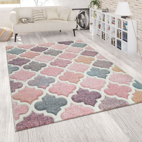 Pastel Pink Rug Moroccan Trellis Multicolored Contour Cut Pattern Thick Carpet
