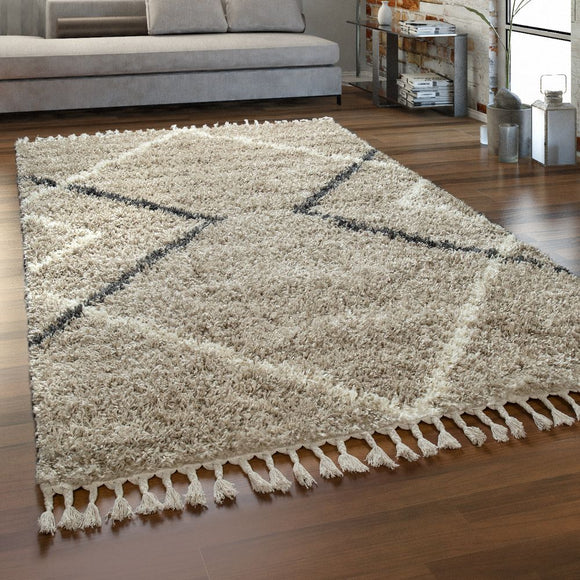 Beige Fluffy Rug Small Large Geometric Carpet with Tassels Bedroom Shaggy Mat