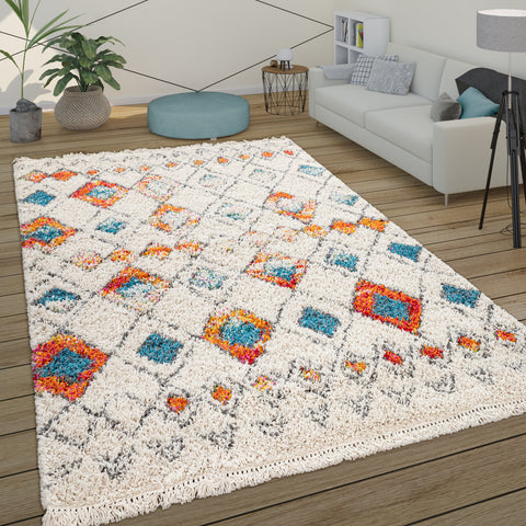 Cream Fluffy Rug Multicolored Geometric Diamonds Pattern Shaggy Tassels Carpet