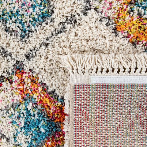 Cream Fluffy Rug Multicolored Geometric Diamonds Pattern Shaggy Tassels Carpet