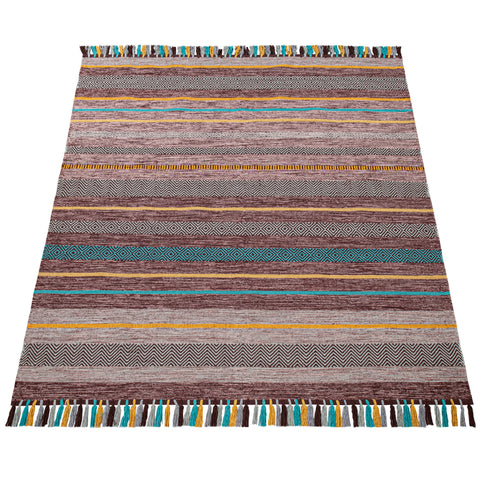 Large Striped Rug Brown Yellow Blue Grey MultiColor Carpet Living Room Stylish