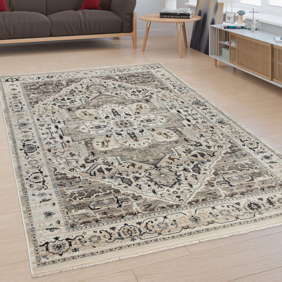 Large Oriental Short Pile Rug Beige Cream Border Traditional Living Room Carpet