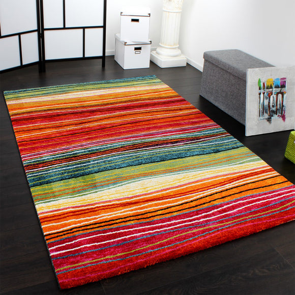 Multicoloured Stripe Rug Red Orange Green Yellow Blue Colour Large XL Small Rugs