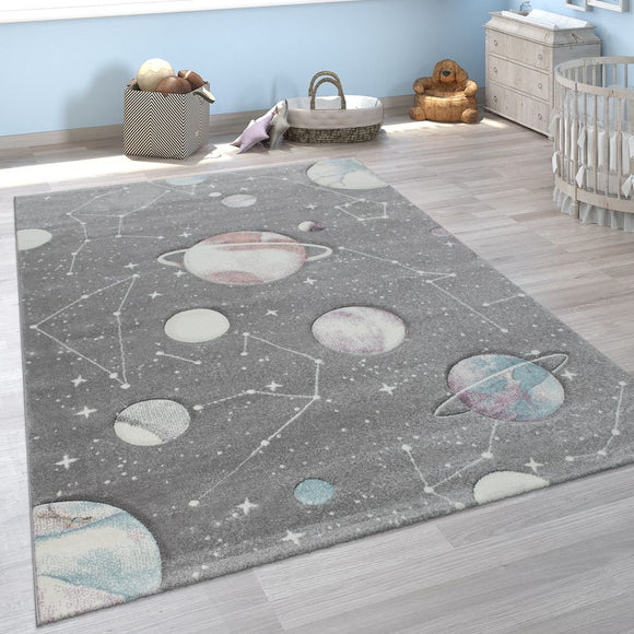 Rug for Kids Planets Stars Grey Large Round Small Children Play Room Bedroom Mat