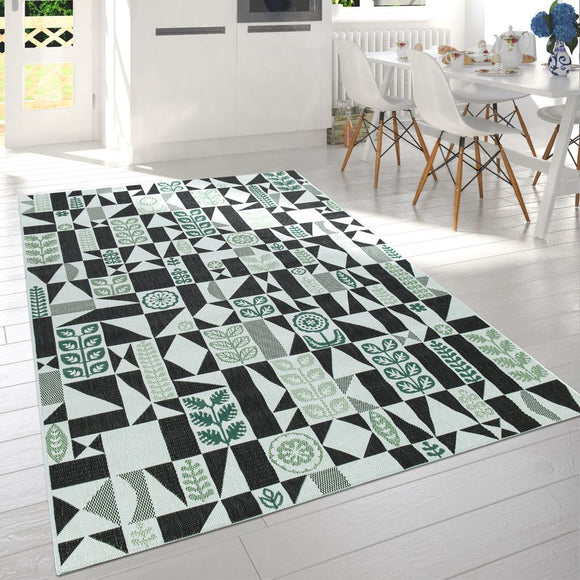 Indoor & Outdoor Rug Green Black Cream Abstract Geometric Extra Large Small Mat