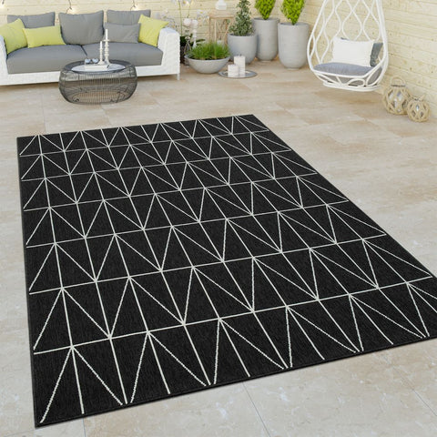 Black and White Outdoor Rug Geometric Design Large Small Hall Patio Garden Mats