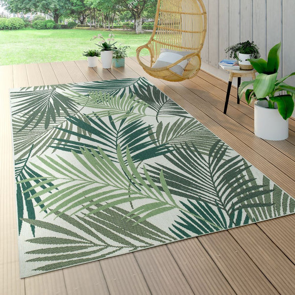 Outdoor Floral Rug Green Cream Palm Pattern Large Small Hall Patio Garden Mats