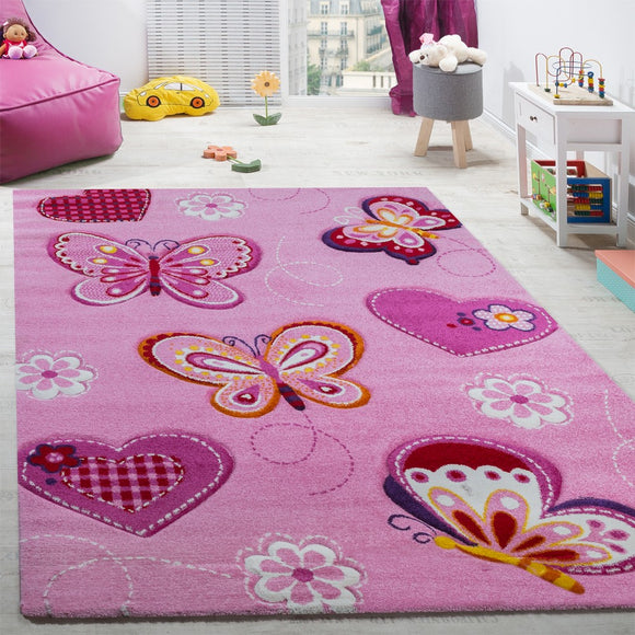 Pink Nursery Rug Butterfly Girls Room Carpet Childrens Woven Rug Large Small