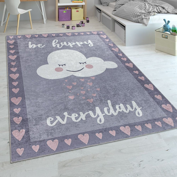 Grey Pink Girls Rug Cloud Design Children's Bedroom Playroom XL Large Small Mat