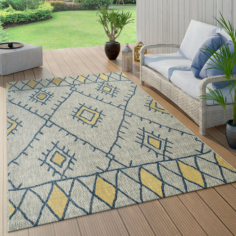 Outdoor Rug Blue Yellow Geometric Moroccan Pattern Large Small Patio Garden Mat