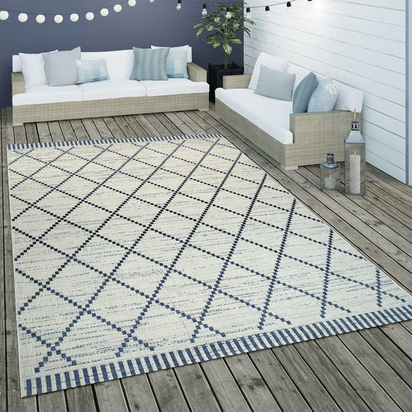 White Cream Blue Outdoor Rug Geometric Large Small Decking Garden Patio Rugs Mat