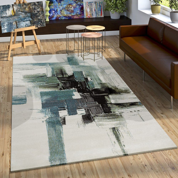 Blue and Cream Rug Abstract Modern Canvas Large Rugs for Living Room & Bedroom