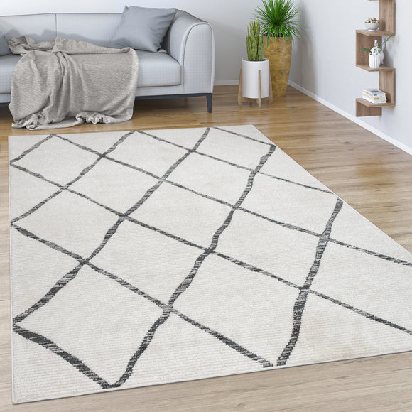 Large Rug White Cream Diamond Geometric Scandi Pattern Runner Large Small Carpet