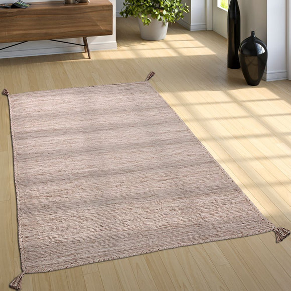 Large Rug Beige Stripes Cotton Handwoven Tassels Living Room Bedroom Area Mat