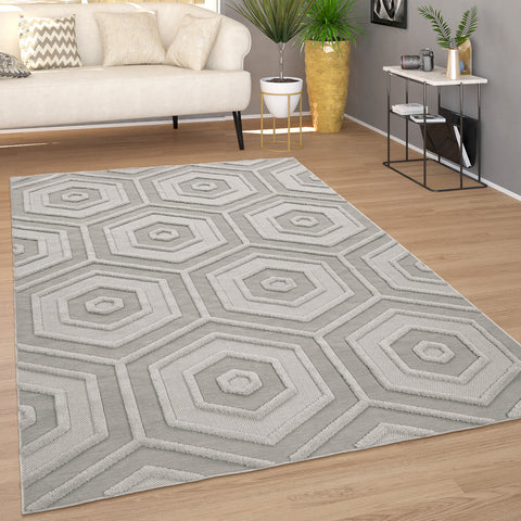 Grey Rug Large Geometric Ethnic Pattern 100% Polyester Carpet Robust Hall Mat