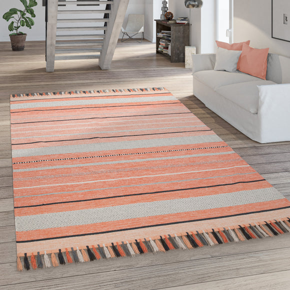 Apricot Cotton Rug Striped Handwoven Tassels Large XL Small Living Room Hall Mat