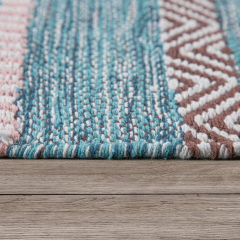 Striped Cotton Duck Egg Rug Brown Pink Navy Colours with Hand Made Tassels Mat
