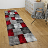 Grey and Red Rug Check Geometric Pattern Thick Living Room Carpet Runner Mat