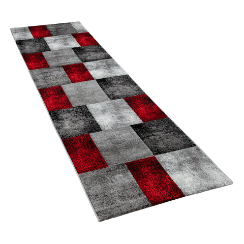 Grey and Red Rug Check Geometric Pattern Thick Living Room Carpet Runner Mat