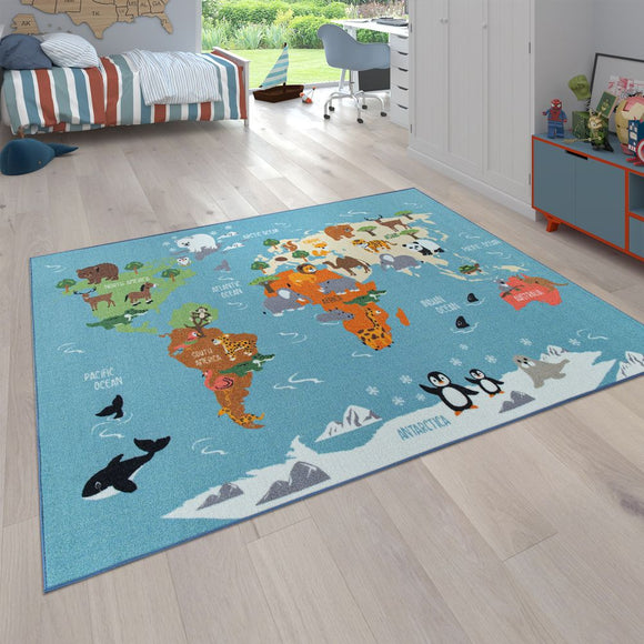 Children's Rug Blue Extra Large World Map Design Penguin Play Rom Kinds Mads
