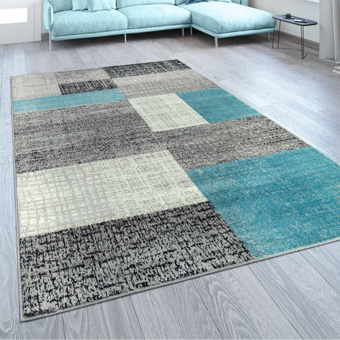 Grey Blue Rug Turquoise Colour Checked Geometric Designer Small XL Large Carpet