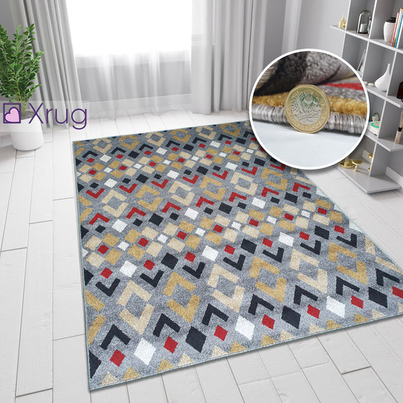 Grey Rug Modern Red Yellow Mustard Patterned Rug Woven Carpet Small Large New
