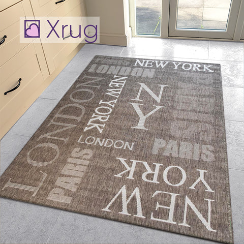 Modern Rug Brown Taupe Flat Weave Jute Look Carpet London New York Paris Pattern Kitchen Hall Indoor Carpet Mat