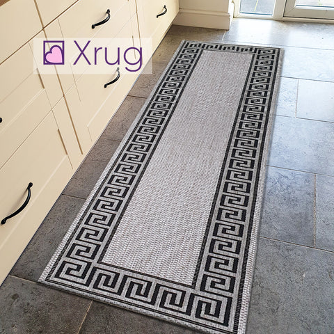 Grey Rug Greek Key Style Pattern Jute Look Flat Weave Kitchen Small Large Runner